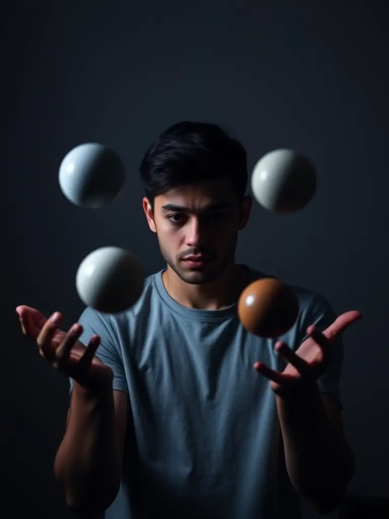 A person concentrating while practicing juggling, showcasing the mental focus and coordination required, which can improve cognitive functions.