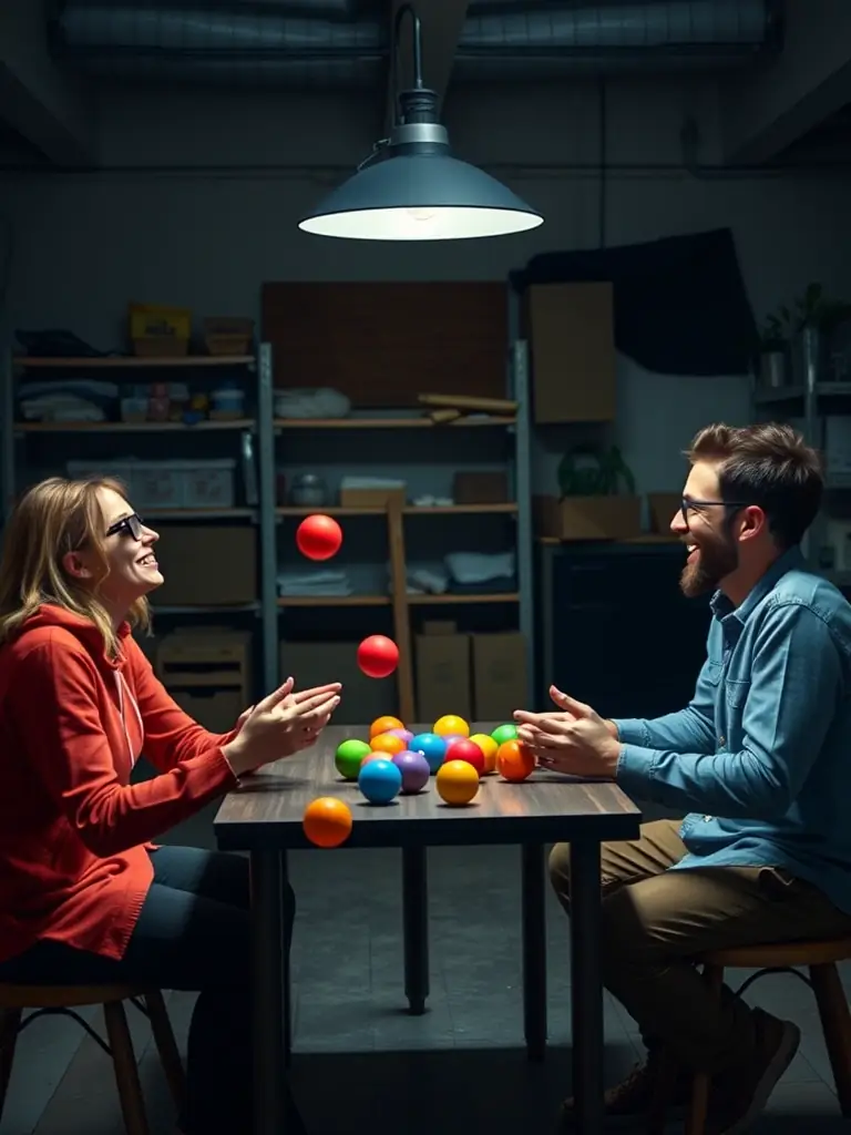 A group of people laughing and interacting while learning juggling techniques in a workshop setting, showcasing the social benefits of juggling.