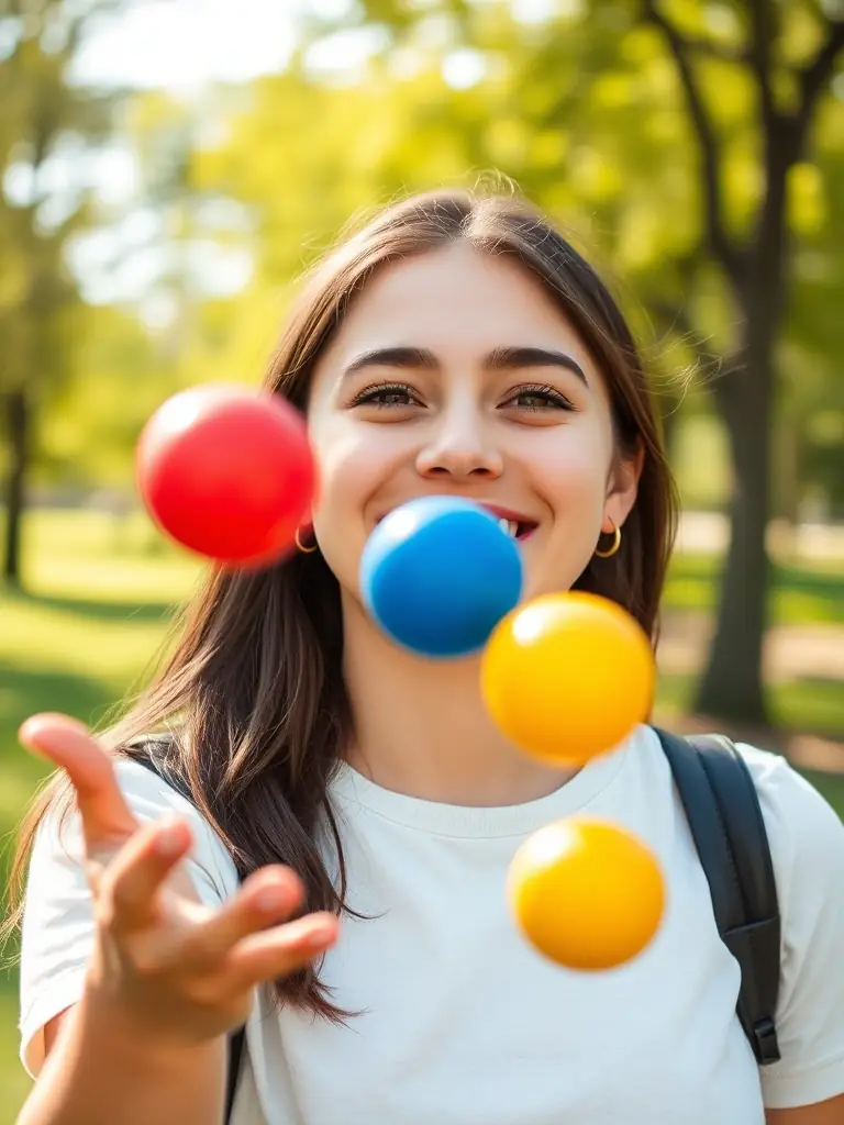 A person smiling while successfully juggling three balls outdoors in a sunny park, emphasizing the joy and accessibility of juggling.