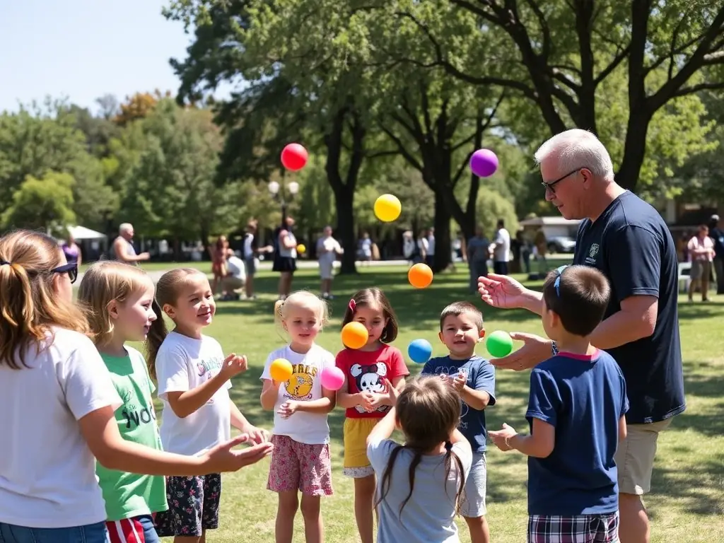 A candid image of EXTREME JONGLERIE members participating in a community outreach event, teaching juggling to children in a local park, highlighting the organization's commitment to social integration and community engagement.