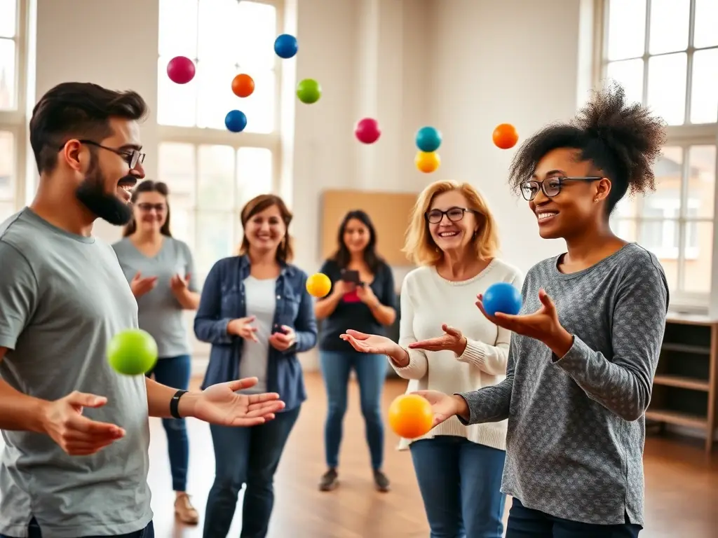 A group of diverse participants practicing juggling with colorful balls and clubs in a bright, welcoming studio, representing the inclusive and supportive environment of EXTREME JONGLERIE's juggling workshops.