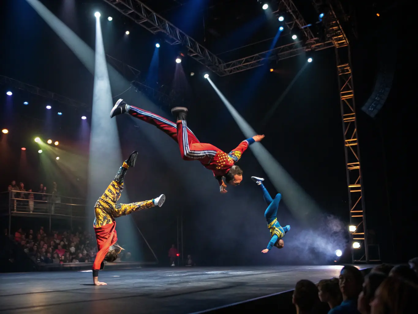 A dynamic image of a group of jugglers performing a synchronized routine on a stage, with dramatic lighting and a captivated audience, showcasing the advanced skills and artistry developed through EXTREME JONGLERIE's performance training program.