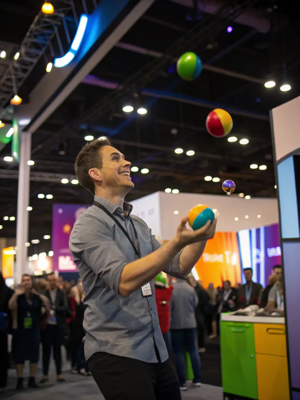 A person confidently performing a complex juggling routine on a stage, highlighting the potential for personal growth and performance skills development.