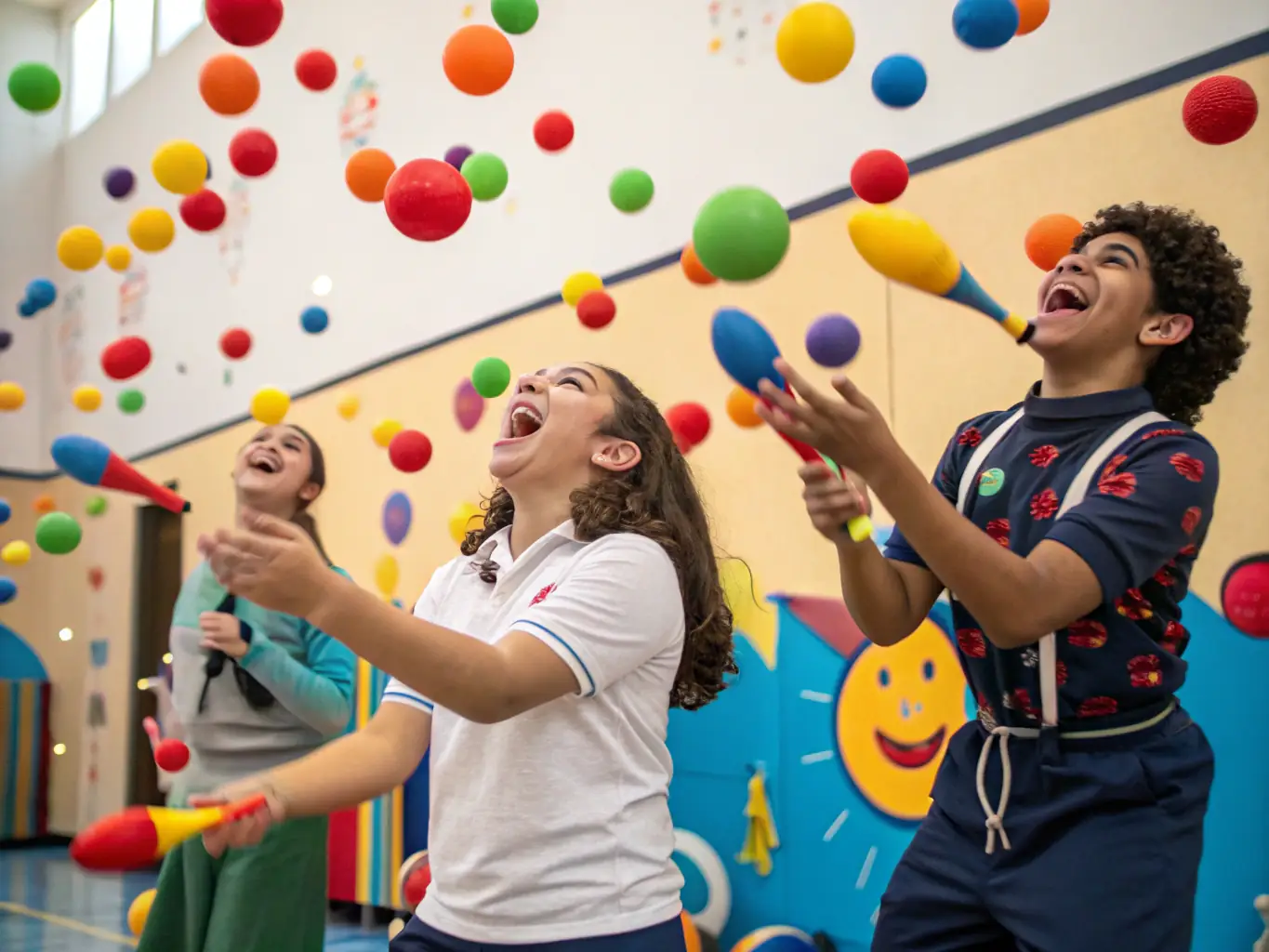 A vibrant image of a juggling workshop in progress, with participants of various ages and skill levels actively engaged in learning new techniques, set in a brightly lit studio with colorful juggling props scattered around.