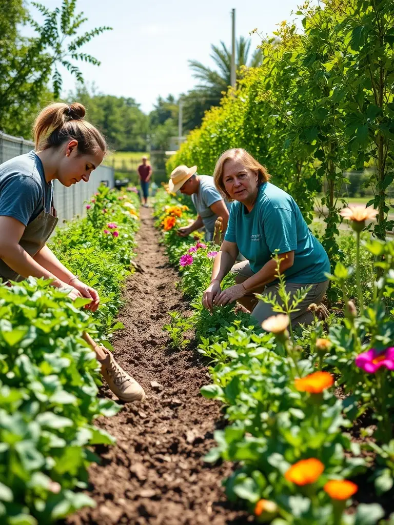 A photograph of volunteers working together in a community garden, planting vegetables and flowers, showcasing teamwork and community spirit.