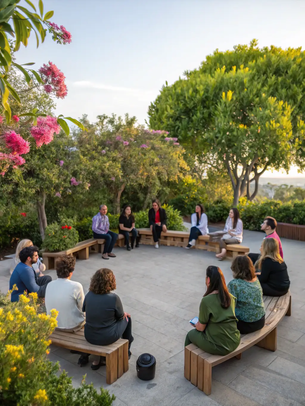 A diverse group of adults attending a seminar on botanical heritage, listening attentively to a speaker in a garden setting.