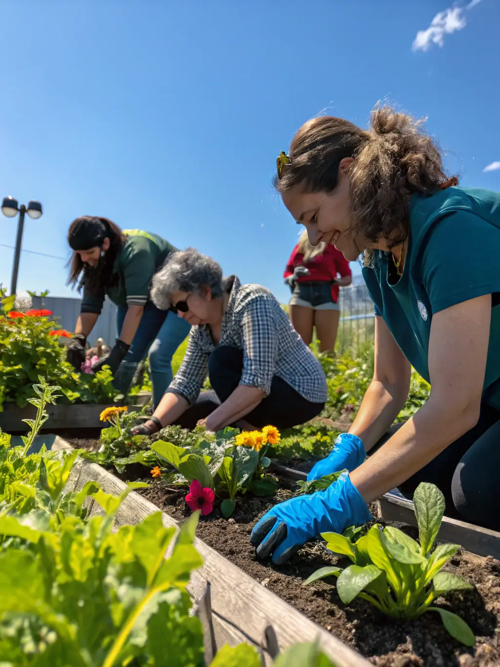 A group of adults and children participating in a hands-on gardening workshop, planting seedlings in a community garden, with an instructor demonstrating proper techniques.