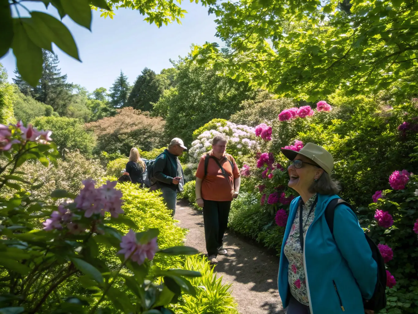 A group of people touring a beautiful garden with a guide.