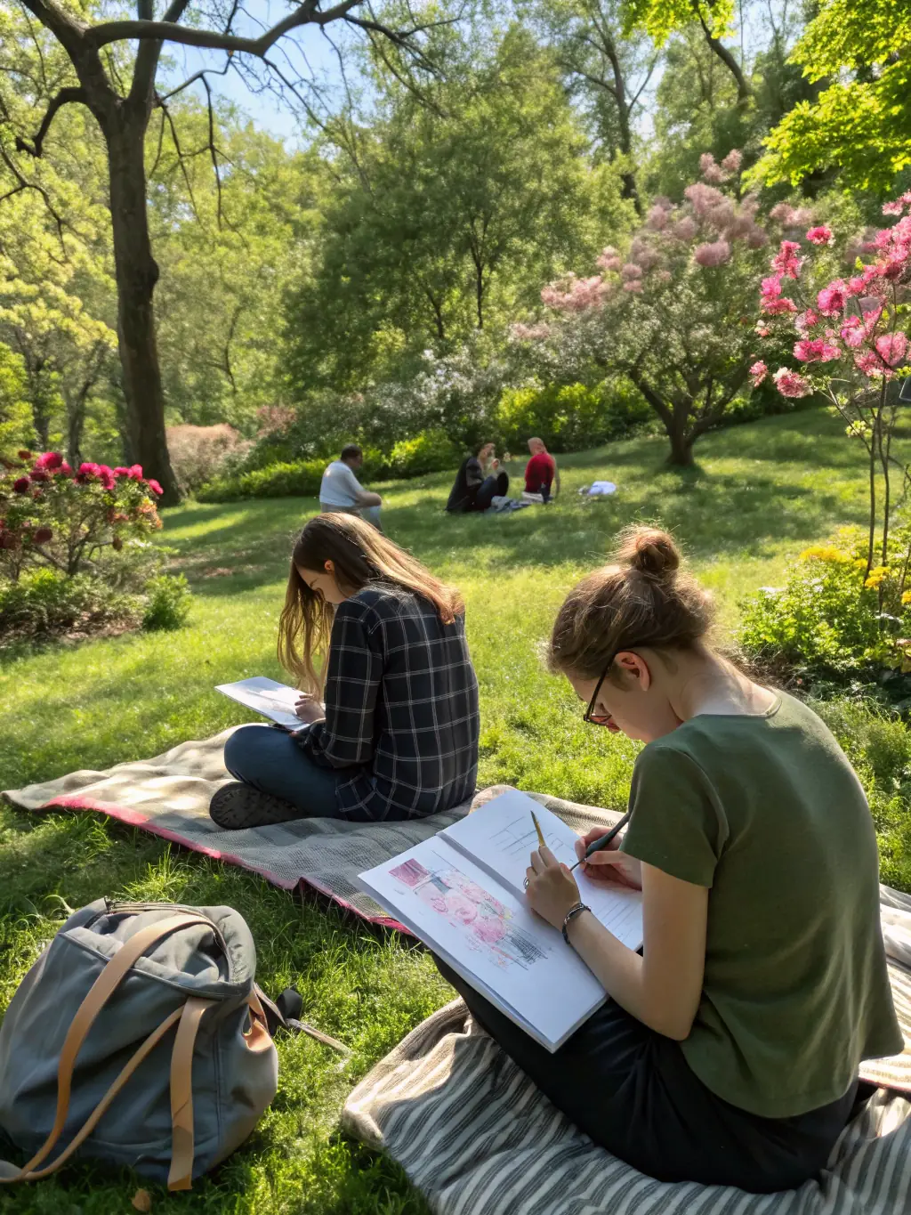 A vibrant photo of a botanical illustration class, where participants are sketching plants and flowers under the guidance of an experienced artist.