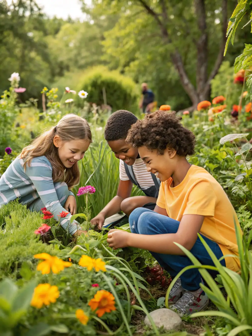A group of children participating in a hands-on gardening workshop, planting seeds in small pots, with instructors guiding them.