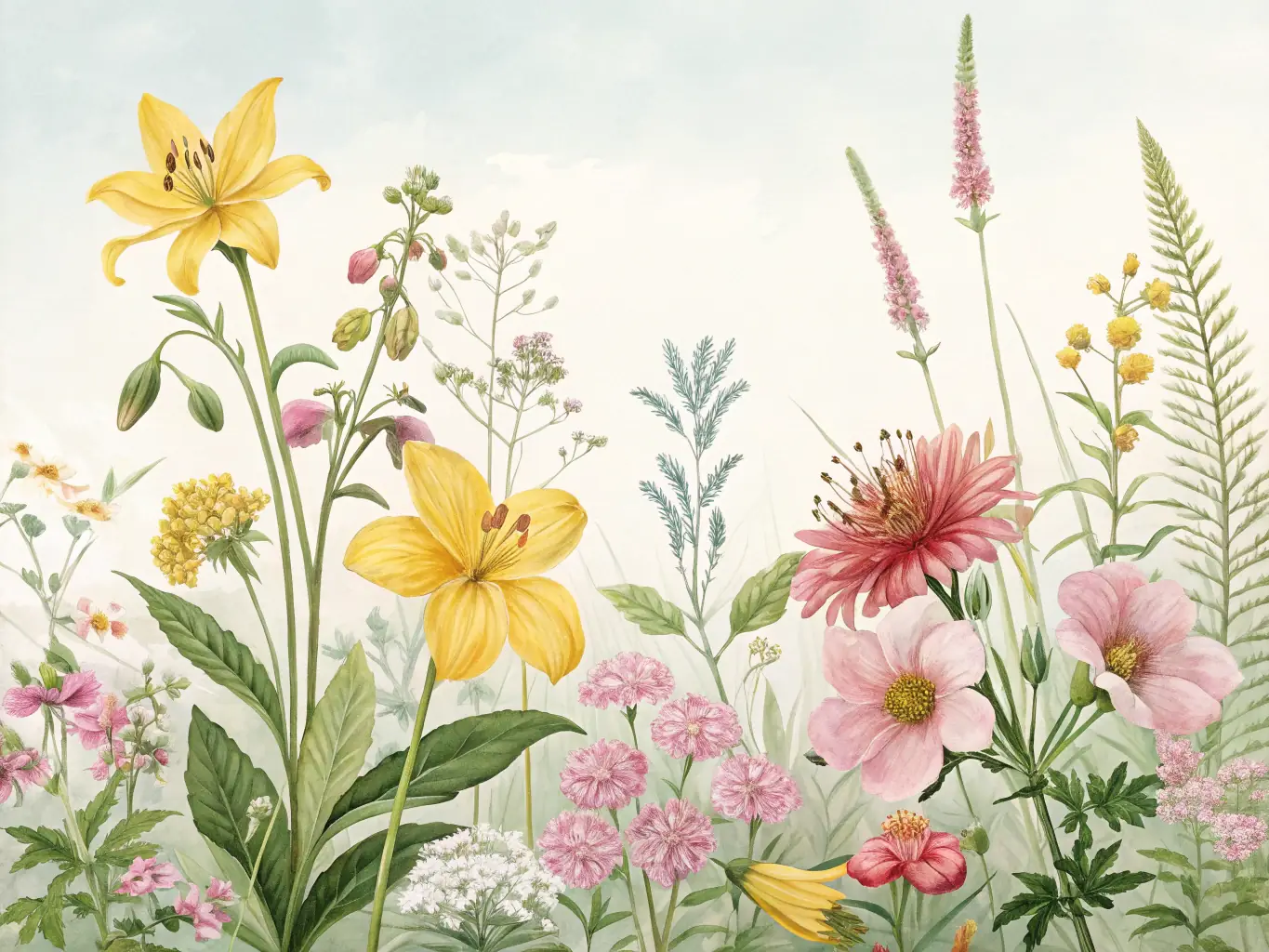 A botanical illustration of various plants and flowers.