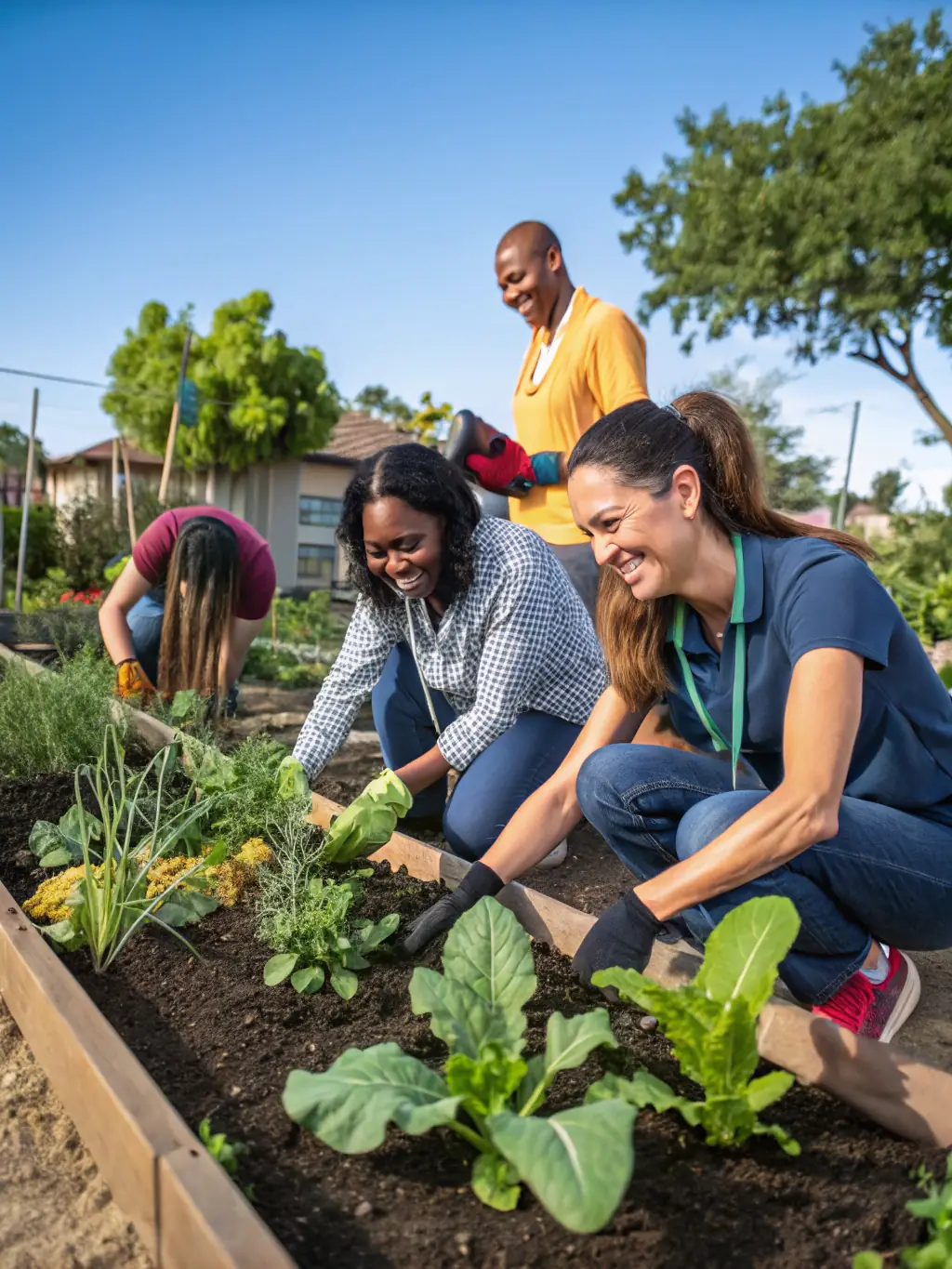 Volunteers working together in a community garden, tending to plants and vegetables, with smiles and a sense of camaraderie.