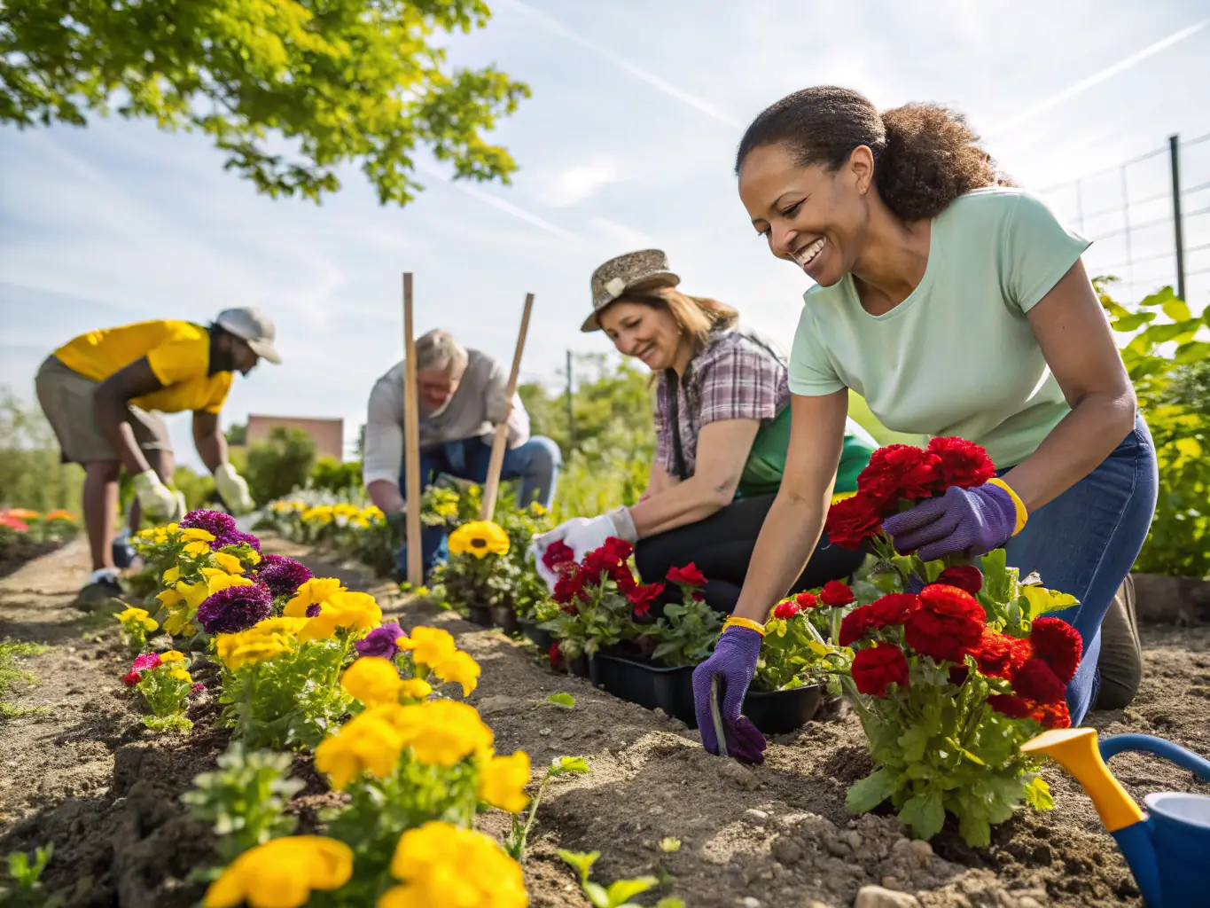 A group of people planting flowers in a garden during a sunny day.